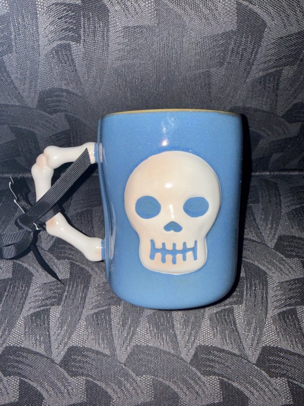 Rae Dunn "Deadly Before Caffeine" Blue Skull Mug With Skeleton Handle Artisan Co